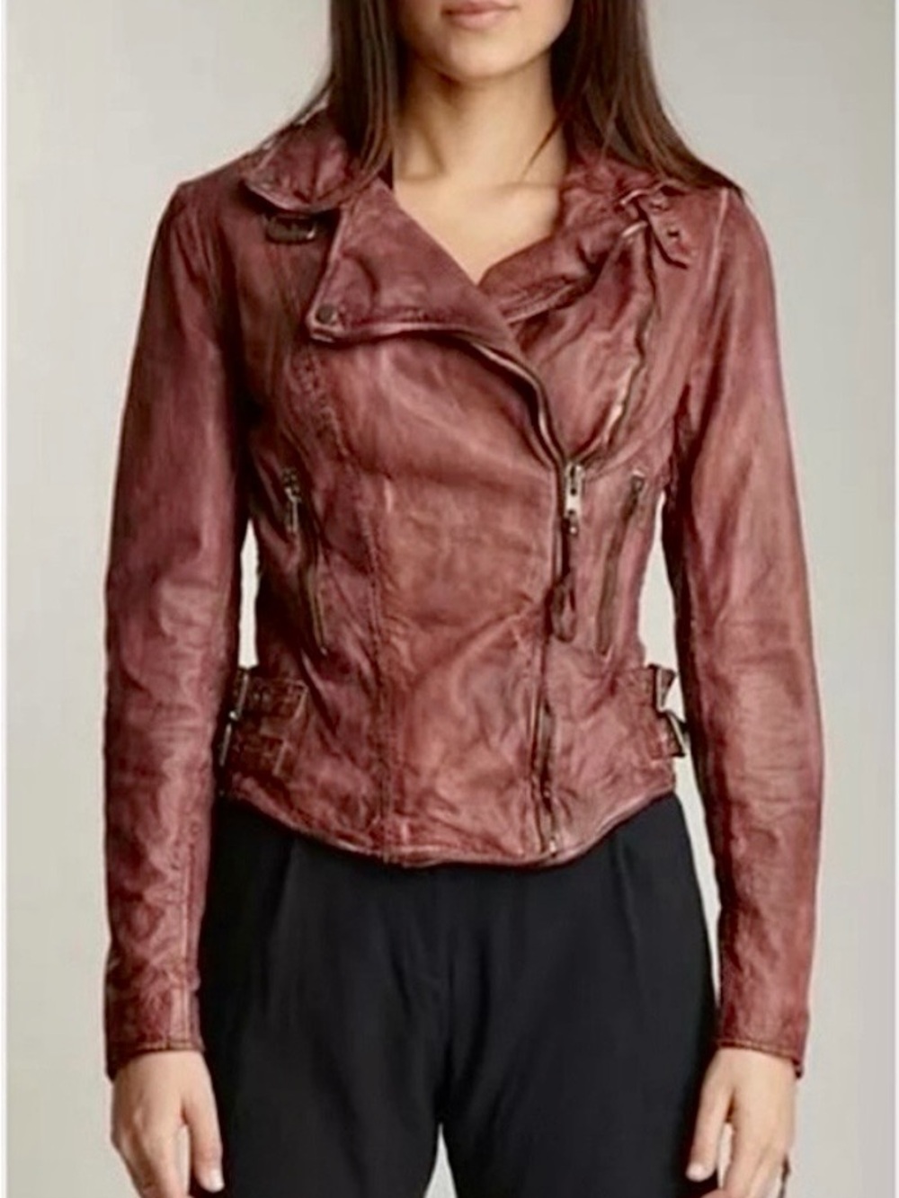 Muubaa Distressed Burgundy Leather Moto Jacket, US 10/ UK 14